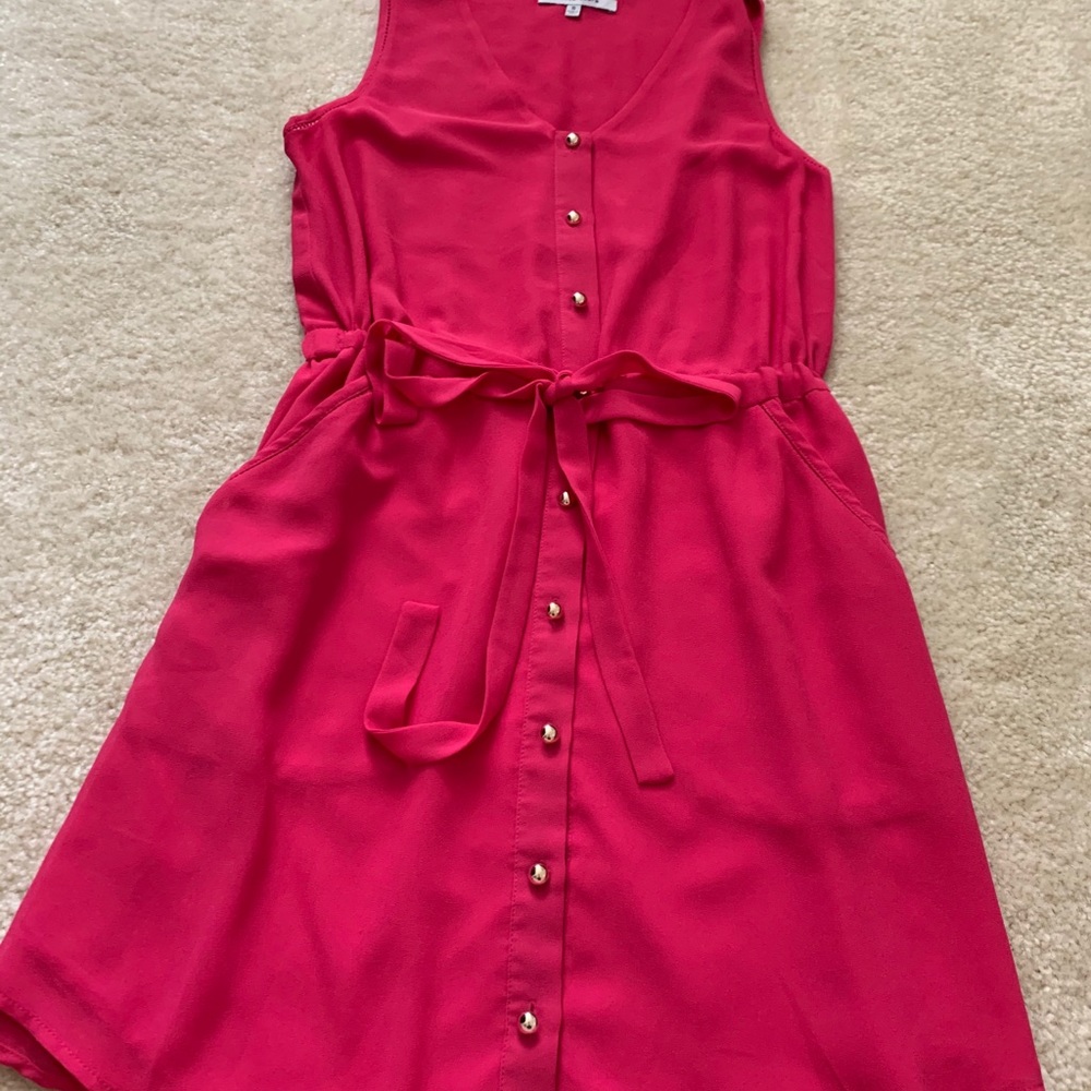 Hot Pink Button Up, Tie Waist, Pocket Mini Dress
